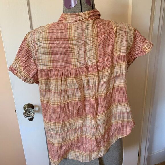 Madewell Womens S Orange Beige Plaid Button Down Short Sleeve 100% Cotton Gauze - Picture 2 of 5